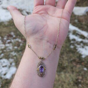 Vintage 14K Tri Color White Gold Amethyst Filigree Static Pendant Link Necklace